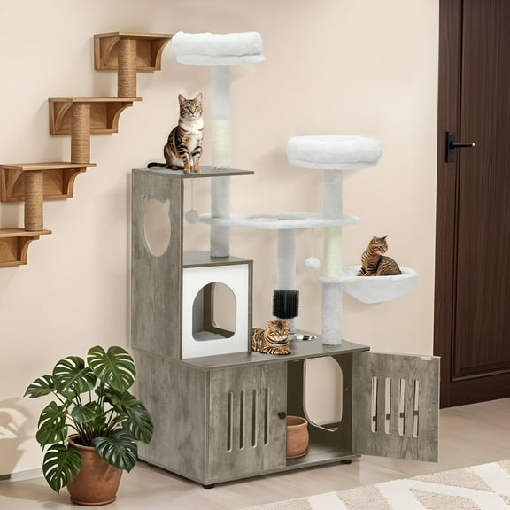 Uforic 59" Modern Wood Cat Tree for Indoor with Litter Box Enclosure and Cat Condo, 2-in-1 Cat Furniture with Scratching Posts & Hammocks, Gray