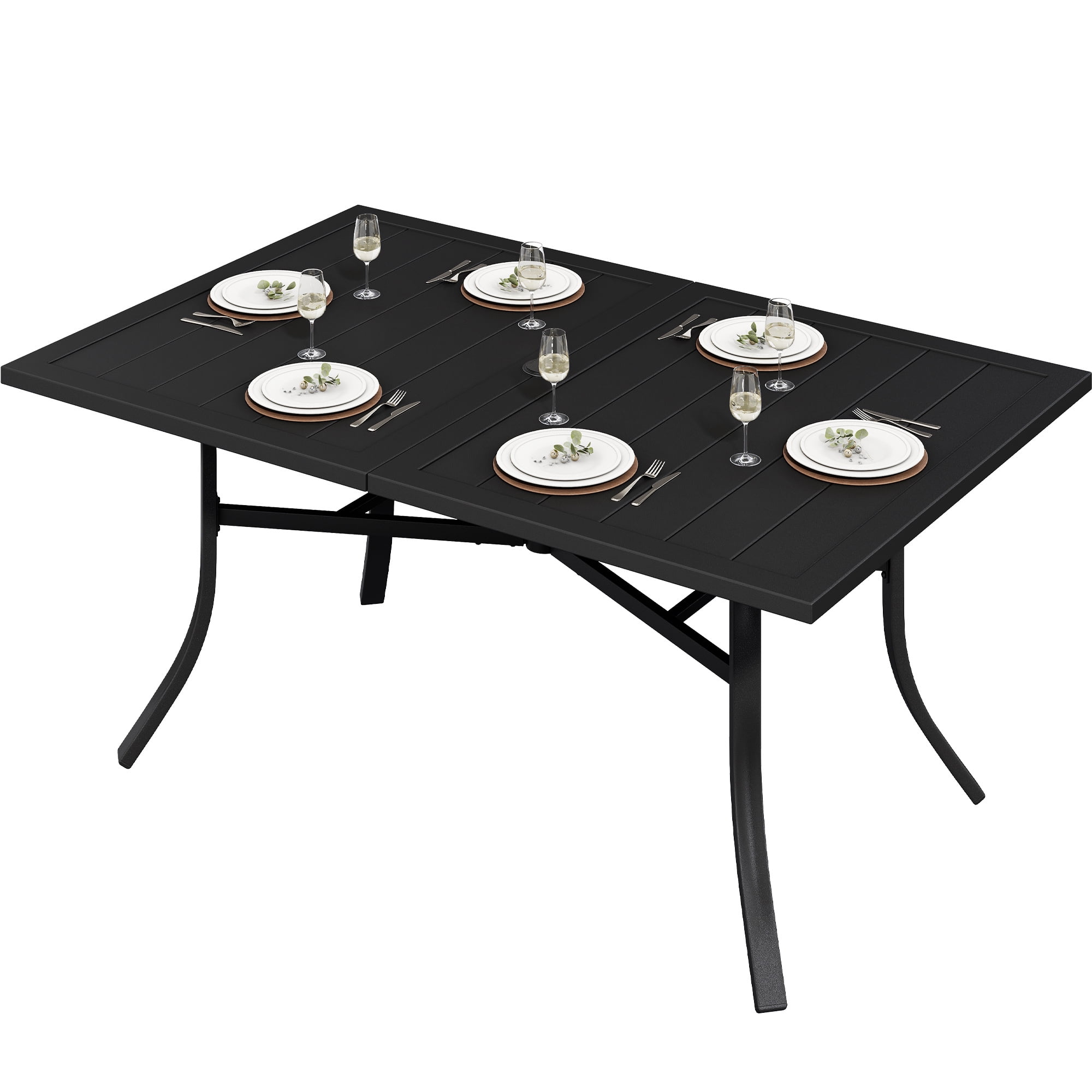 Uforic 59" Outdoor Dining Table for 6, Rectangular Patio Table with Umbrella Hole, E-Coating Metal Table for Backyard Garden, Black