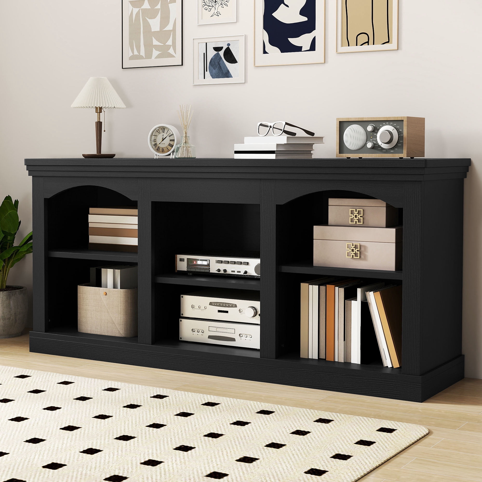 Uforic 59" TV Stand for 60 Inches TV, Farmhouse Entertainment Center with Adjustable Shelf & Storage Cabinets, Black