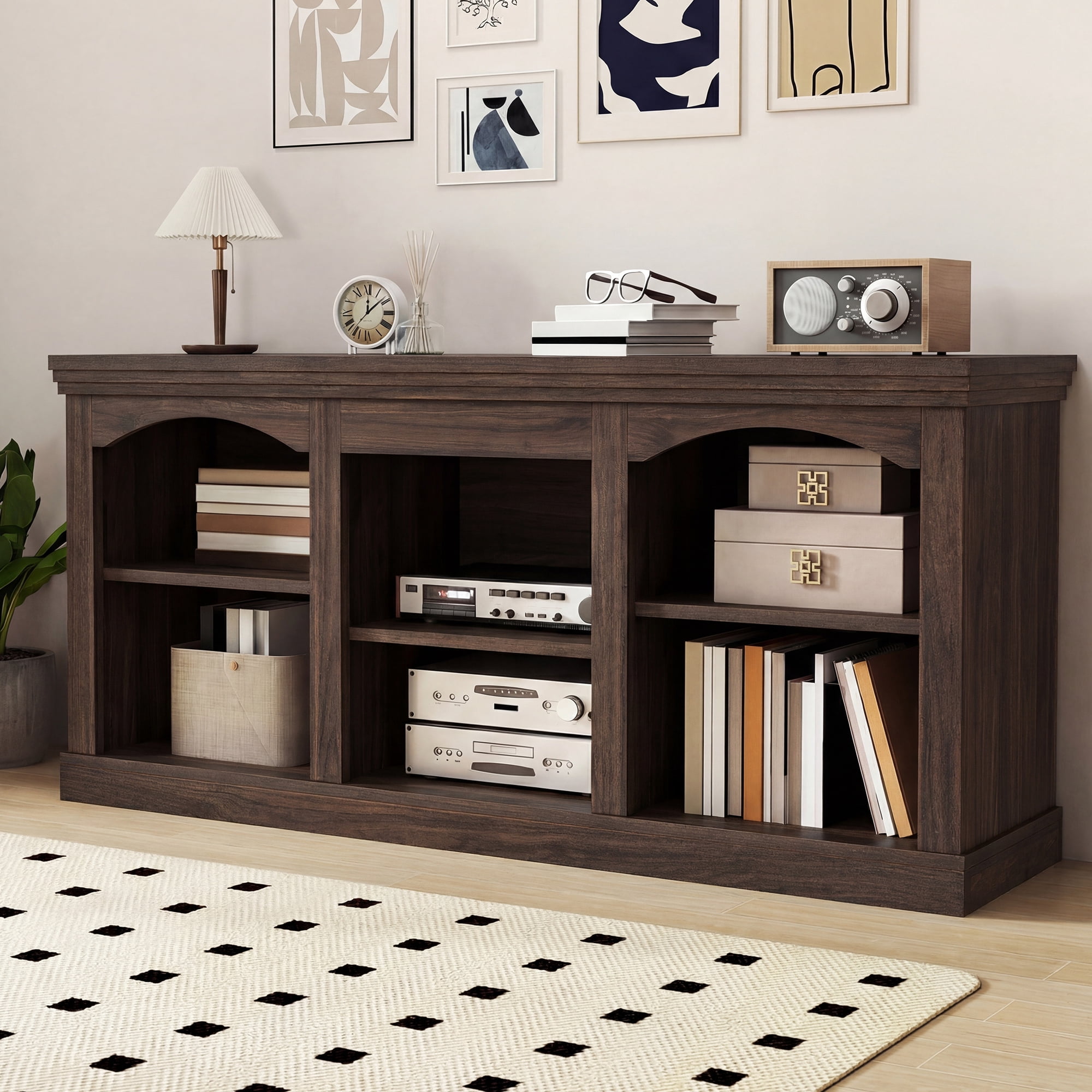Uforic 59" Washed Grey Farmhouse TV Stand, Adjustable Shelf Entertainment Center for 65 Inch TVs for Living Room, Black