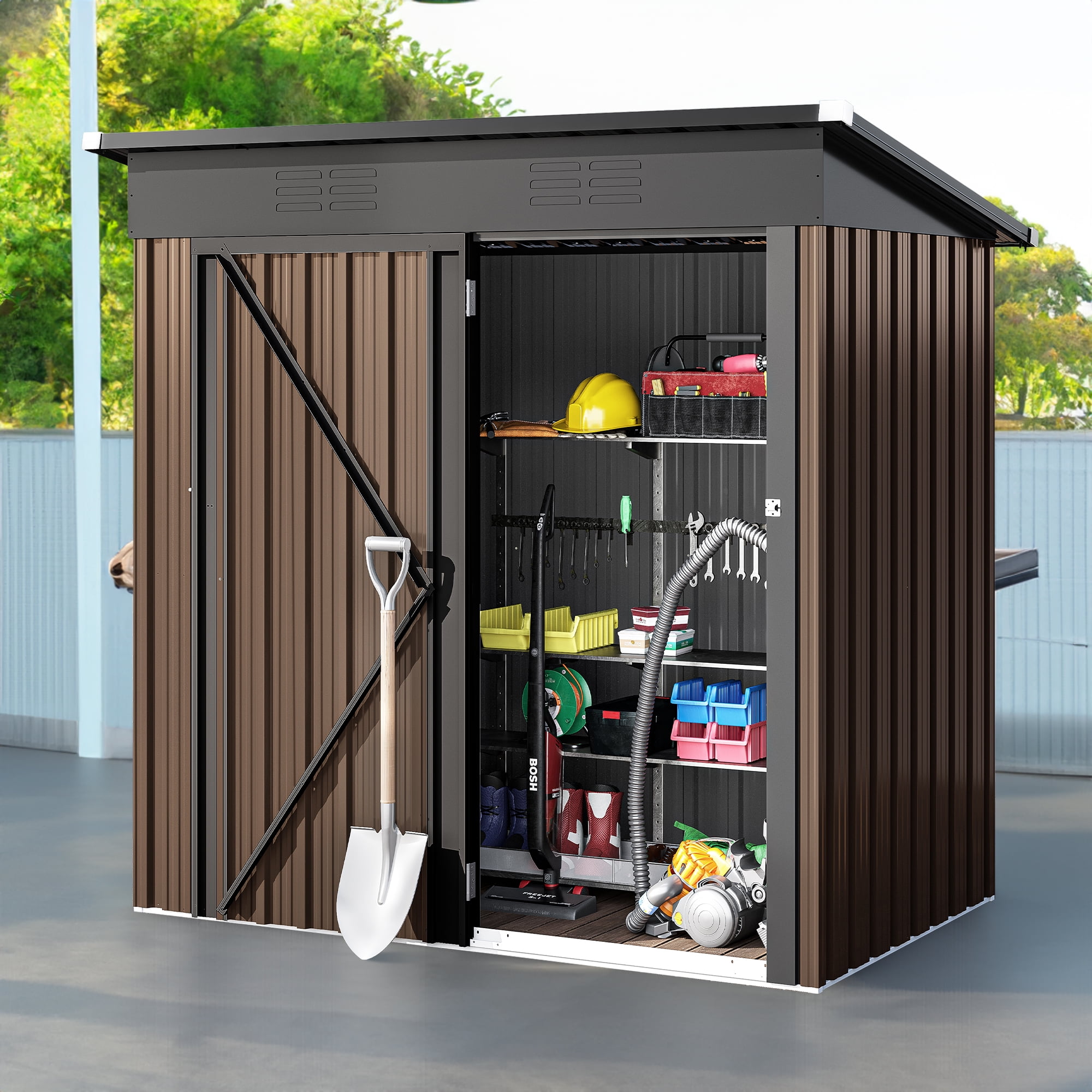 Uforic 5X3 FT Outdoor Storage Shed,Metal Garden Sheds Storage with Single Lockable Door & Air Vent, for Backyard, Garden,Brown