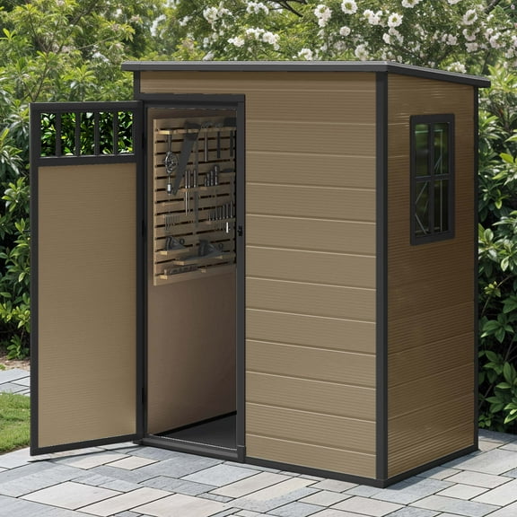 Uforic 5x3FT Outdoor Storage Shed with Windows, Floor, Lockable Doors, Waterproof Plastic, Brown