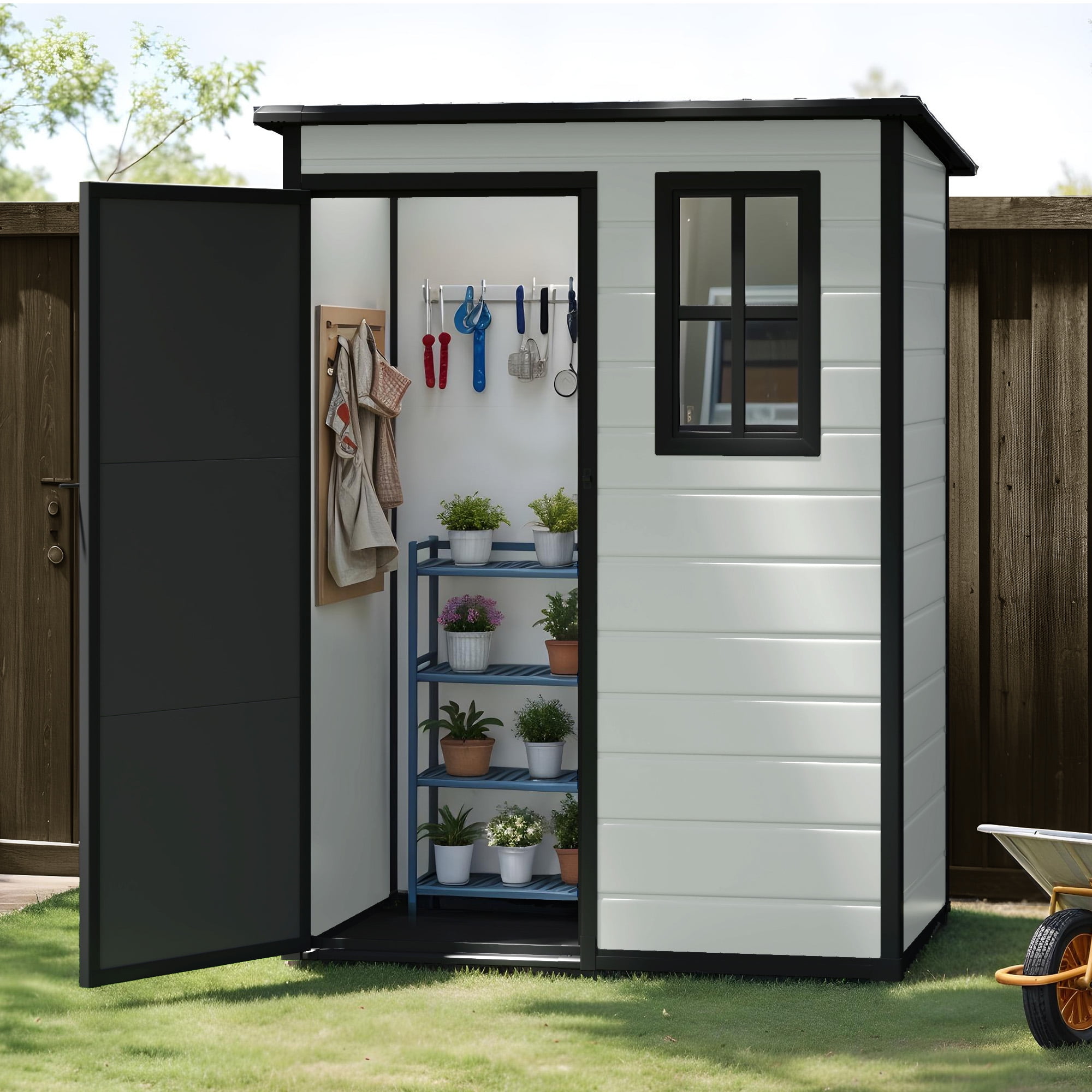 Uforic 5x3ft Resin Outdoor Storage Shed,Waterproof Garden Tool Storage with Window, Lockable Outside Storage for Patio,Lawn,Backyard