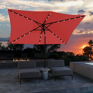 Uforic 6.5' x 10' Patio Umbrellas with 26 LED Lights,Outdoor Portable Shade Market Table Umbrella with Push Button Tilt & Adjust Crank, UV Resistant, Claret-red