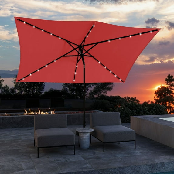 Uforic 6.5' x 10' Patio Umbrellas with 26 LED Lights,Outdoor Portable Shade Market Table Umbrella with Push Button Tilt & Adjust Crank, UV Resistant, Claret-red