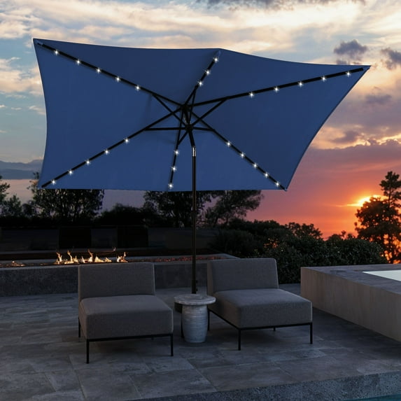 Uforic 6.5' x 10' Patio Umbrellas with 26 LED Lights, Outdoor Portable Shade Market Table Umbrella with Push Button Tilt & Adjust Crank, UV Resistant, Navy Blue