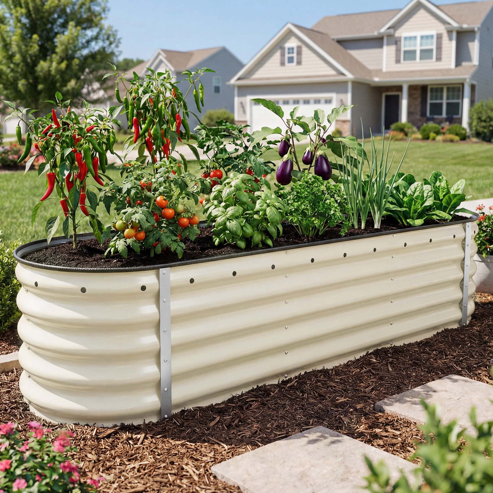 Uforic 6.5x2x1.5ft 17" Tall, 6 in 1 Set, Galvanized Metal Raised Garden Bed, Planter Box with Gloves & Safety Rubber, Cream White
