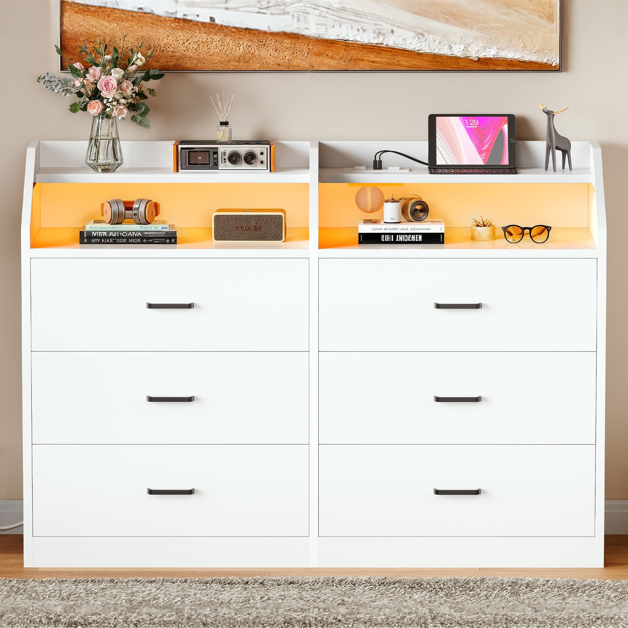 Uforic 6-Drawer Double Dresser with LED Lights & Power Outlets, Storage Cabinet Chest of Drawers with Shelves, White