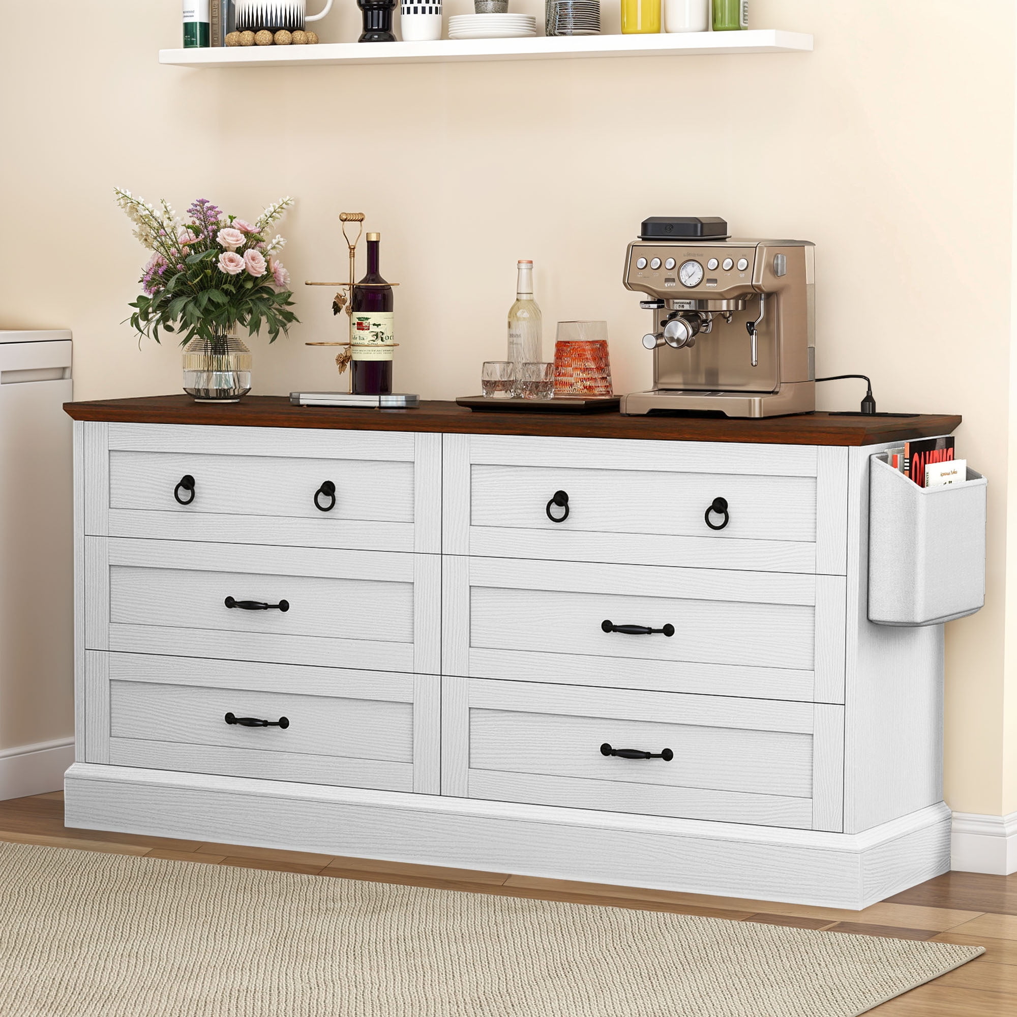 Uforic 6-Drawer Double Dresser with Power Outlets, Horizontal Wood Chest of Drawer, White