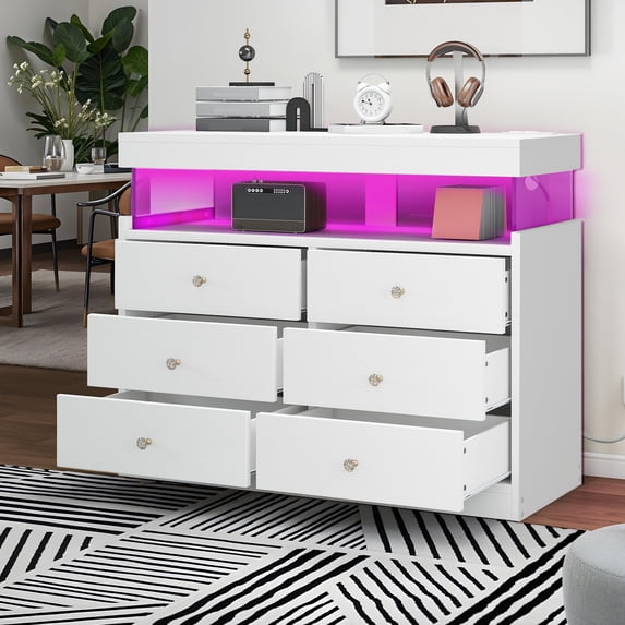 Led Between Drawers Uforic 6 Drawer Double Dresser with Power Outlets & LED Lights, Wood ...