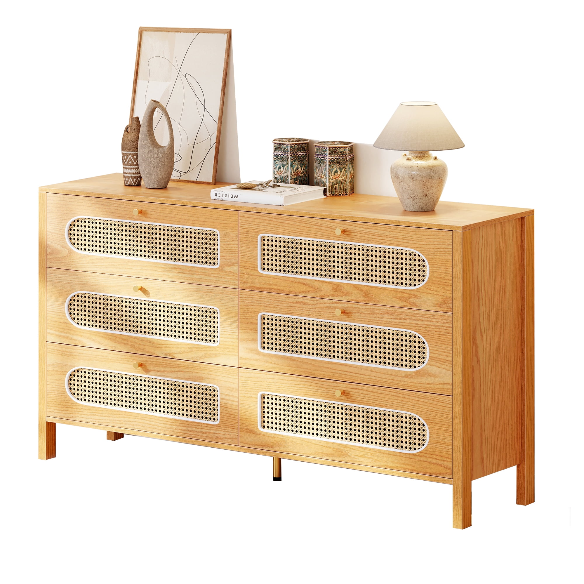 Uforic 6-Drawer Horizontal Double Dresser, Wood Chest of Drawers, Natural