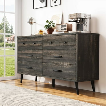 Uforic 6-Drawer Horizontal Dresser for Bedroom, Wood Chest of Drawers, Dark Oak