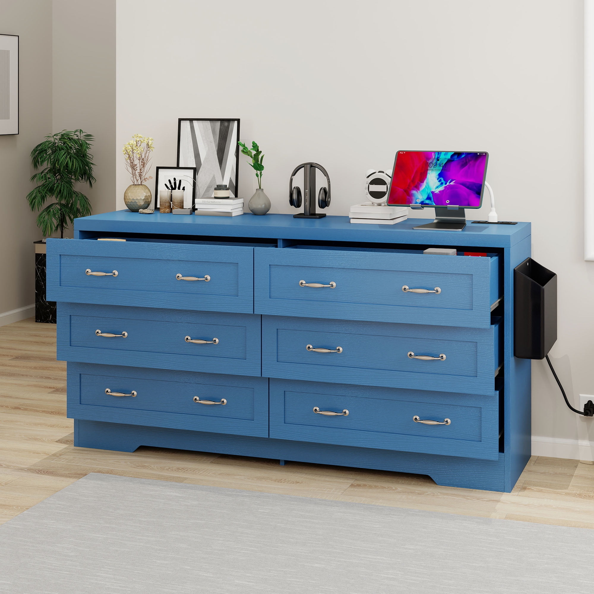 Uforic 6-Drawer Wood Dresser with Power Outlets, Chest of Drawers Double Dresser, Blue