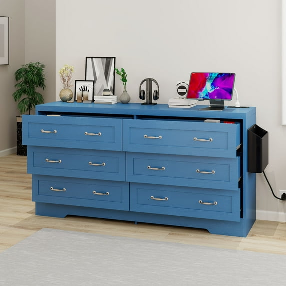 Uforic 6-Drawer Wood Dresser with Power Outlets, Chest of Drawers Double Dresser, Blue