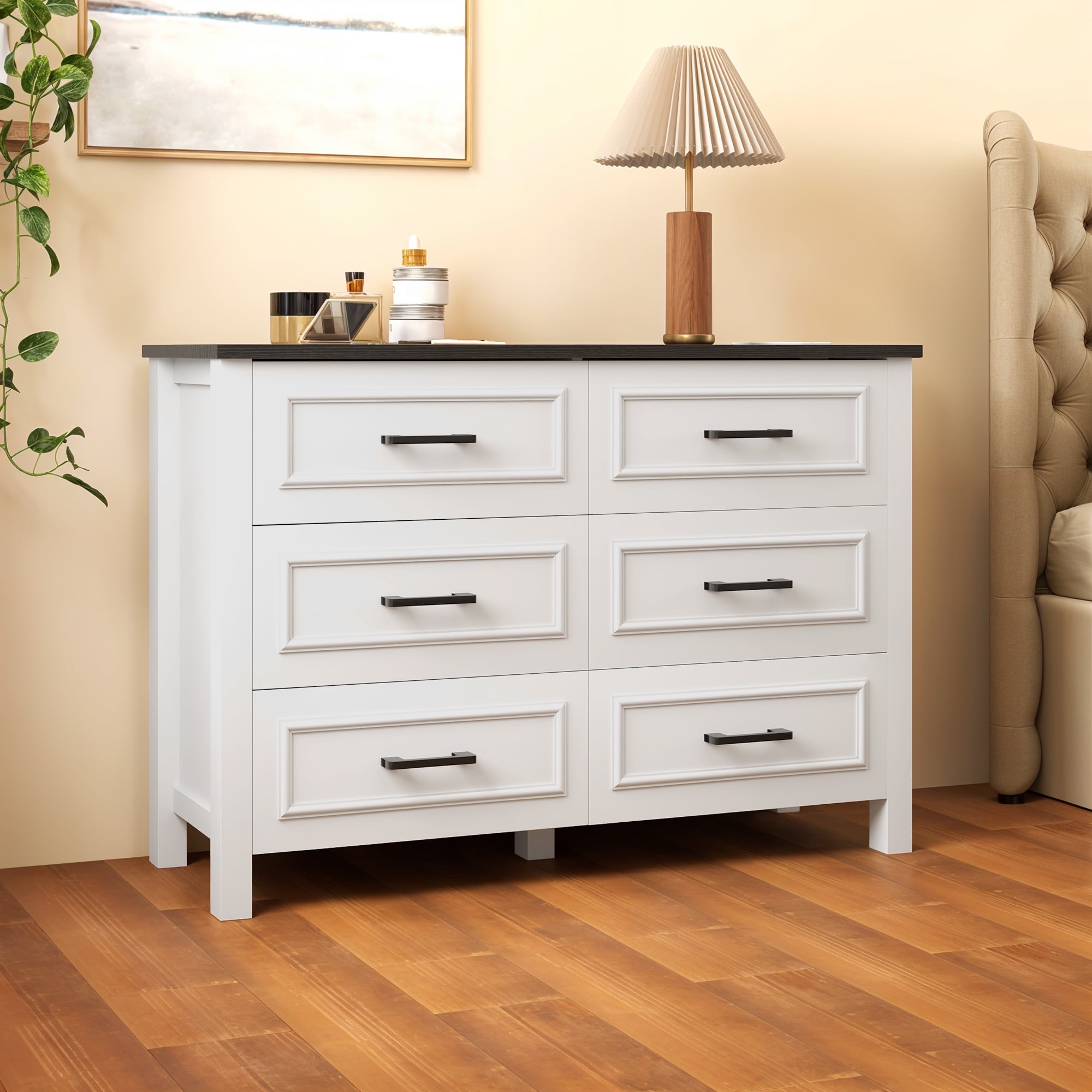 Uforic 6 Drawer Wooden Dresser & TV Stand with Built-in Power Outlet, Sturdy Storage Cabinet for , Living Room, Entryway White