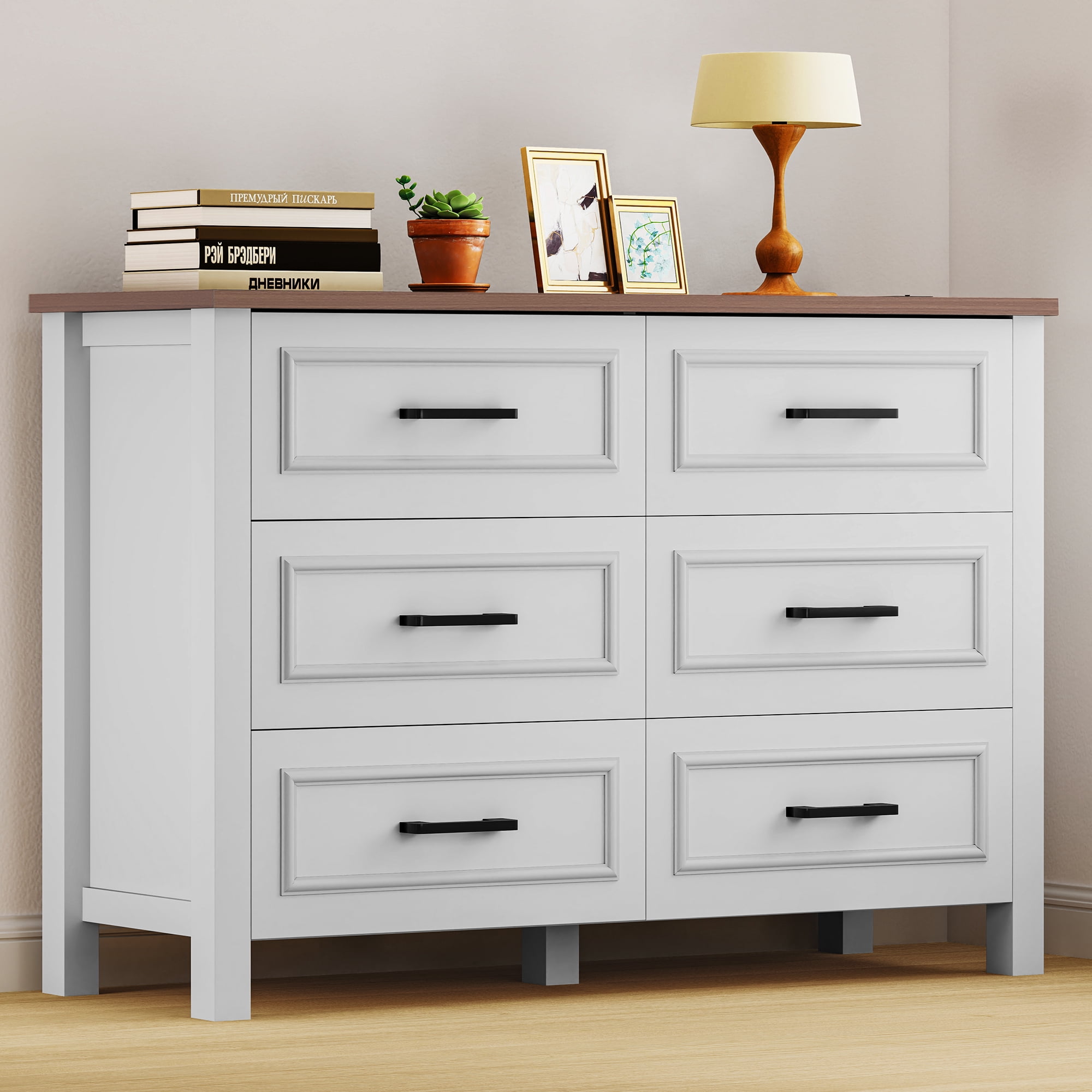 Uforic 6-Drawer Wooden Dresser TV Stand with Power Outlet, Drawers and Handles, for Living Room, Bedroom, White & Walnut