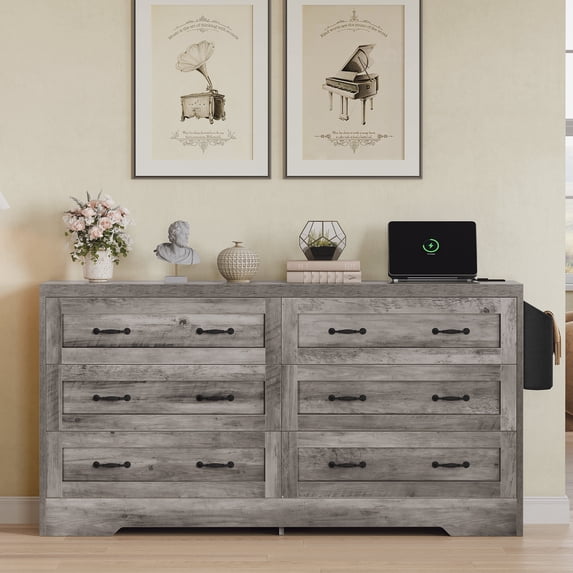 Uforic 6 Drawers Double Dresser with Power Outlets, MDF Chest of Drawers Storage Cabinet, Gray