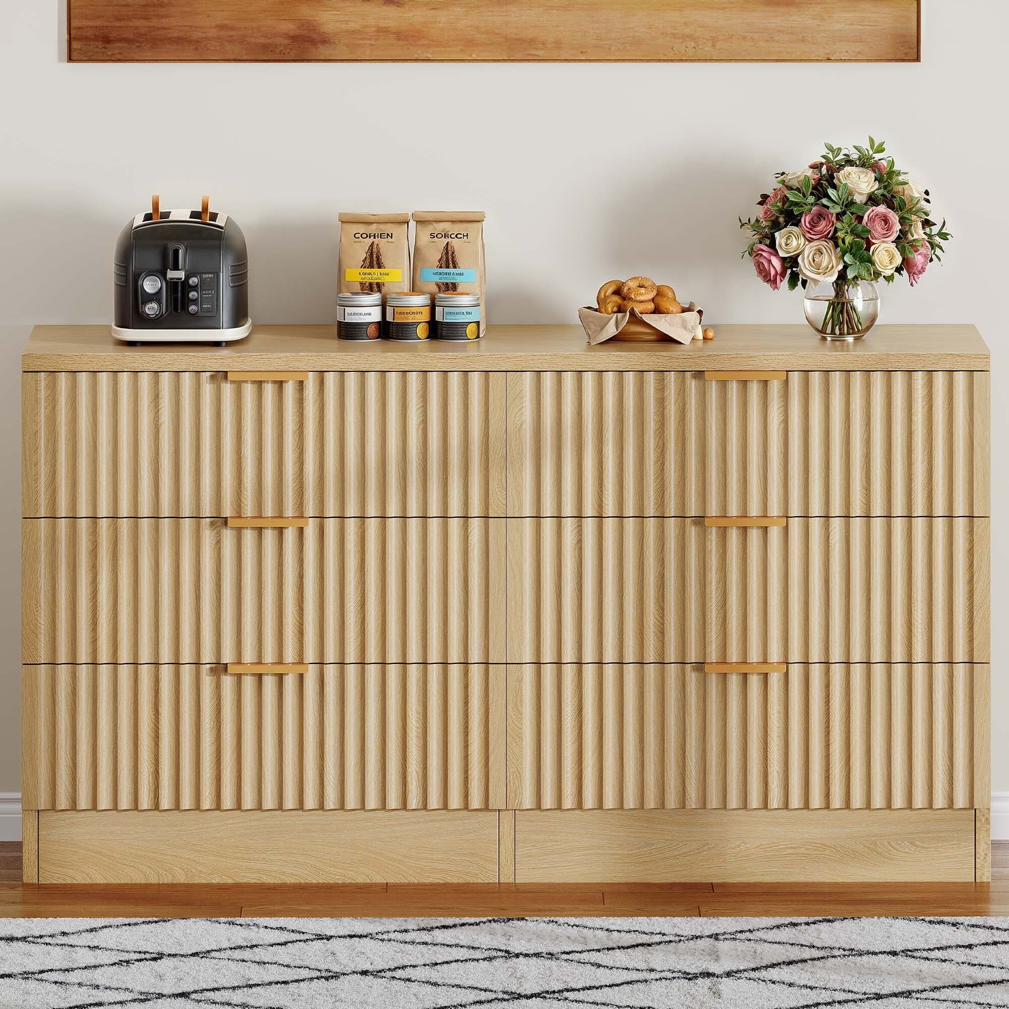 Uforic 6 Drawers Fluted Double Dresser, MDF Chest of Drawer Storage Cabinet, Natural