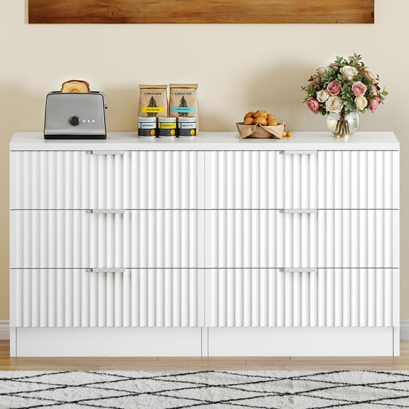 Uforic 6 Drawers Fluted Double Dresser, MDF Chest of Drawer Storage Cabinet, White