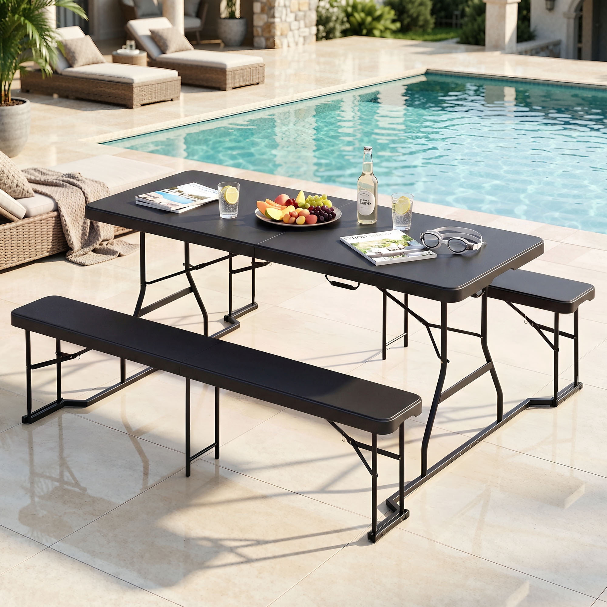 Uforic 6 Ft Folding Picnic Table with Attached Benches, Portable Heavy Duty Outdoor Table with Center Lock & Non-Slip Feet, Black