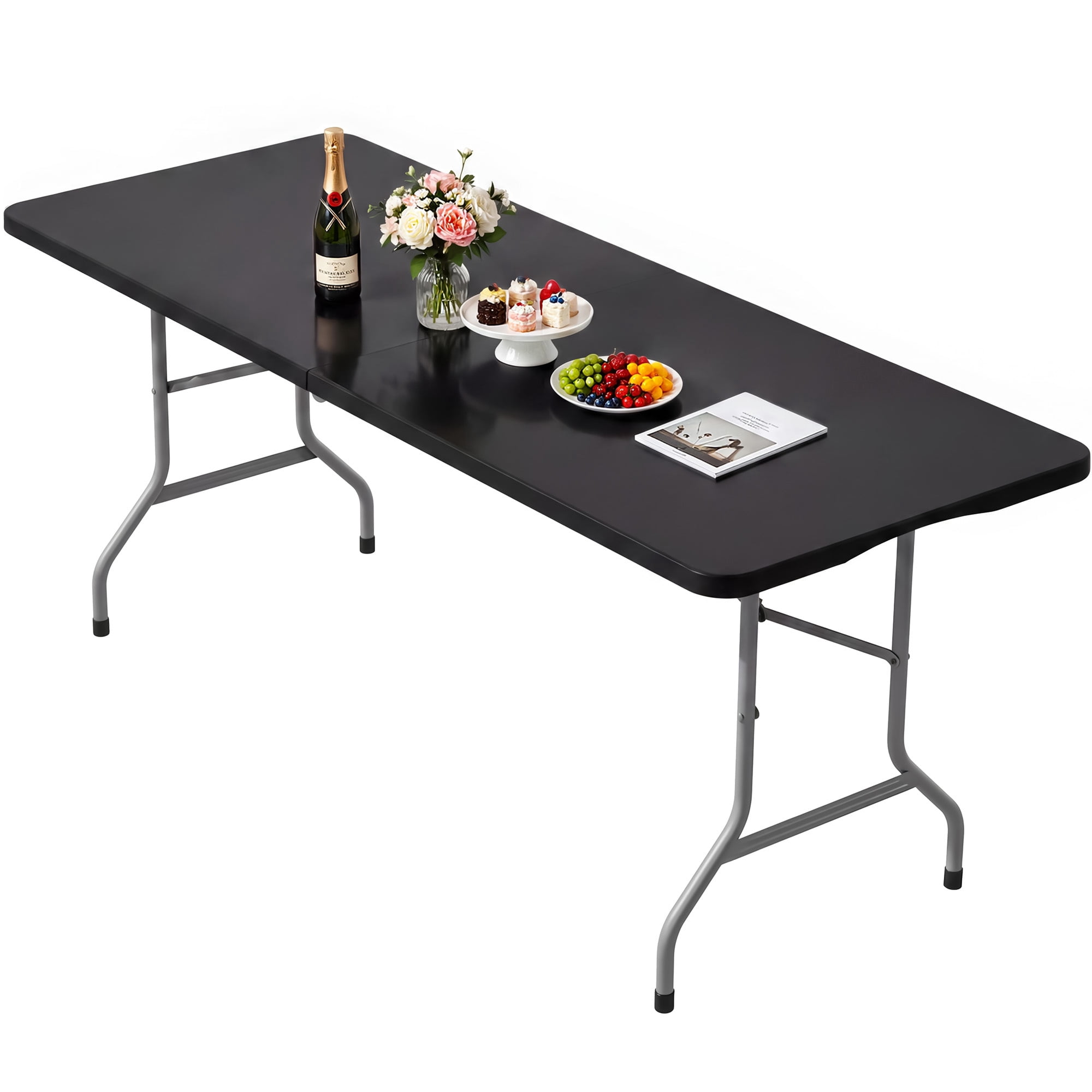Uforic 6 Ft Folding Table, 1.38" Thick Sturdy Tabletop, Portable Foldable Design with Built-in Carry Handle, Perfect for Indoor Events, Camping, Picnics, Parties, Patio and Outdoor Gatherings, Black