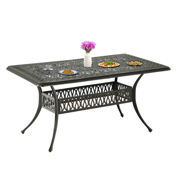 Uforic 6-Person Outdoor Rectangular Cast Aluminum Dining Table with Umbrella Hole, All-Weather Resistance, Black