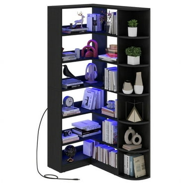 Uforic 6 Tier Bookshelf with LED Light, 70.8 " Modern Bookcase, L-Shaped Bookcase Corner shelf Storage Organizer Display Shelf for Home Office, Living Room,Bedroom, Black