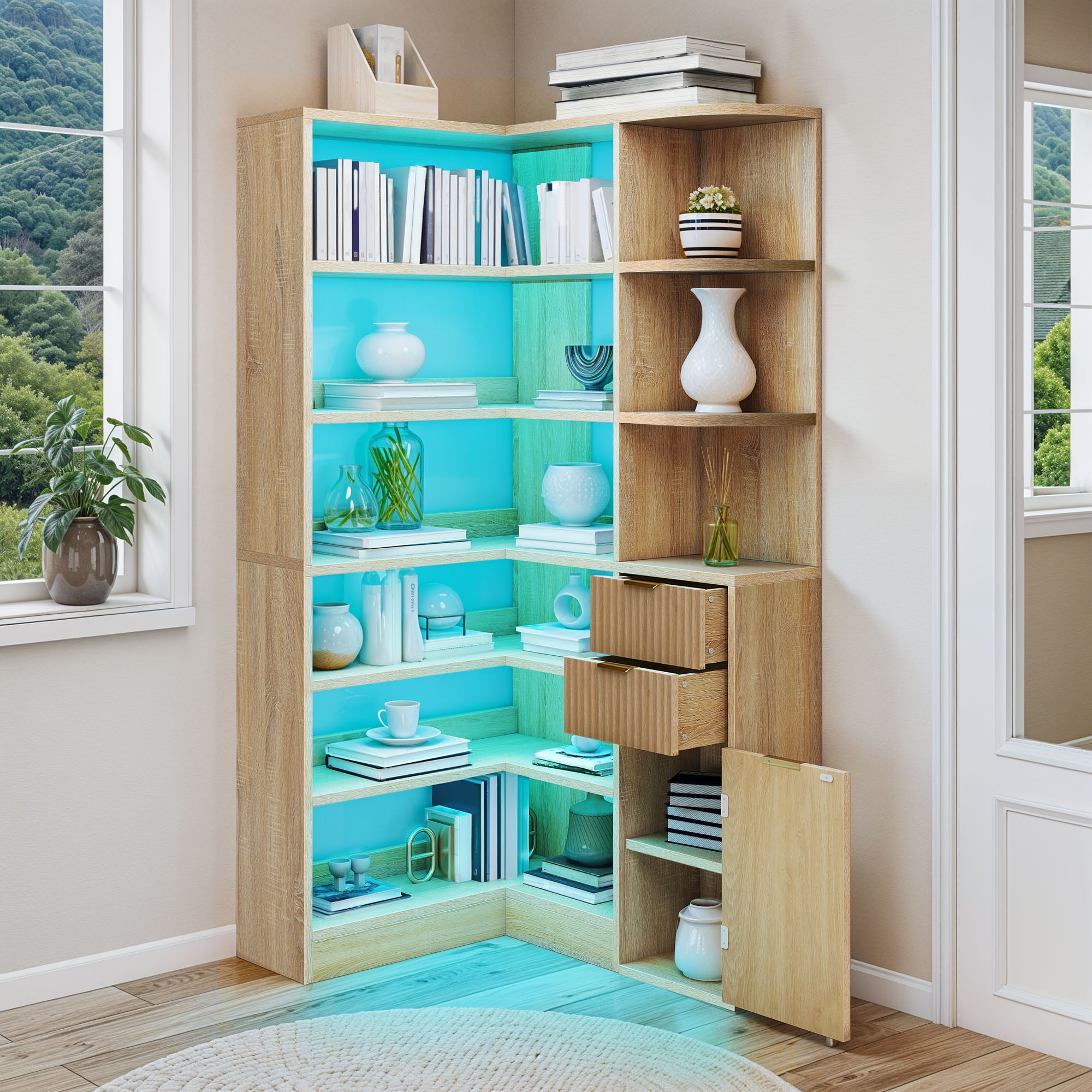 Uforic 6-Tier Corner Bookshelf with 2 Drawers, Modern Tall L Shape Bookcase with LED Light & Storage, Oak