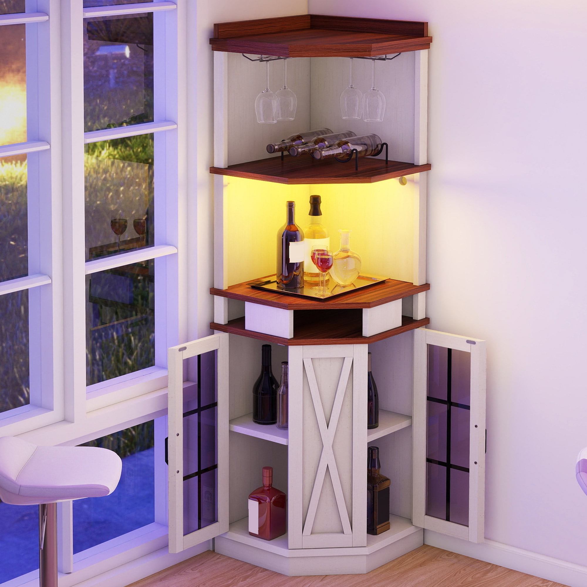 Uforic 6-Tier Farmhouse Corner Bar Cabinet with LED Lights & Doors, 72" Liquor Cabinet with Wine Glass Holder, White