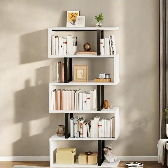 Uforic 6-Tier Geometric Bookcase, S-Shaped Bookshelf Storage Display Unit for Home Office, White