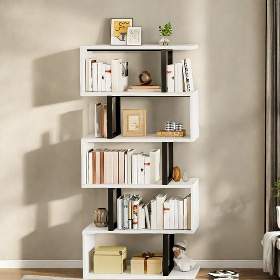 Uforic 6-Tier Geometric Bookcase, S-Shaped Bookshelf Storage Display Unit for Home Office, White