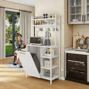 Uforic 6-Tier Kitchen Baker's Rack with Power Outlets, 63" Microwave Stand with Hooks & Trash Bin Cabinet, White