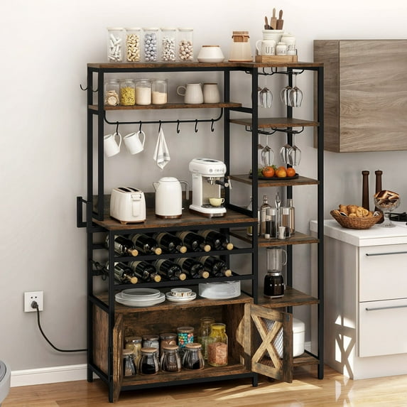 Uforic 6 Tier Kitchen Bakers Rack with Power Outlets, Coffee Bar Table with Wine Rack & Glass Holder, Storage Microwave Stand Kitchen Storage Shelf for Kitchen,Brown