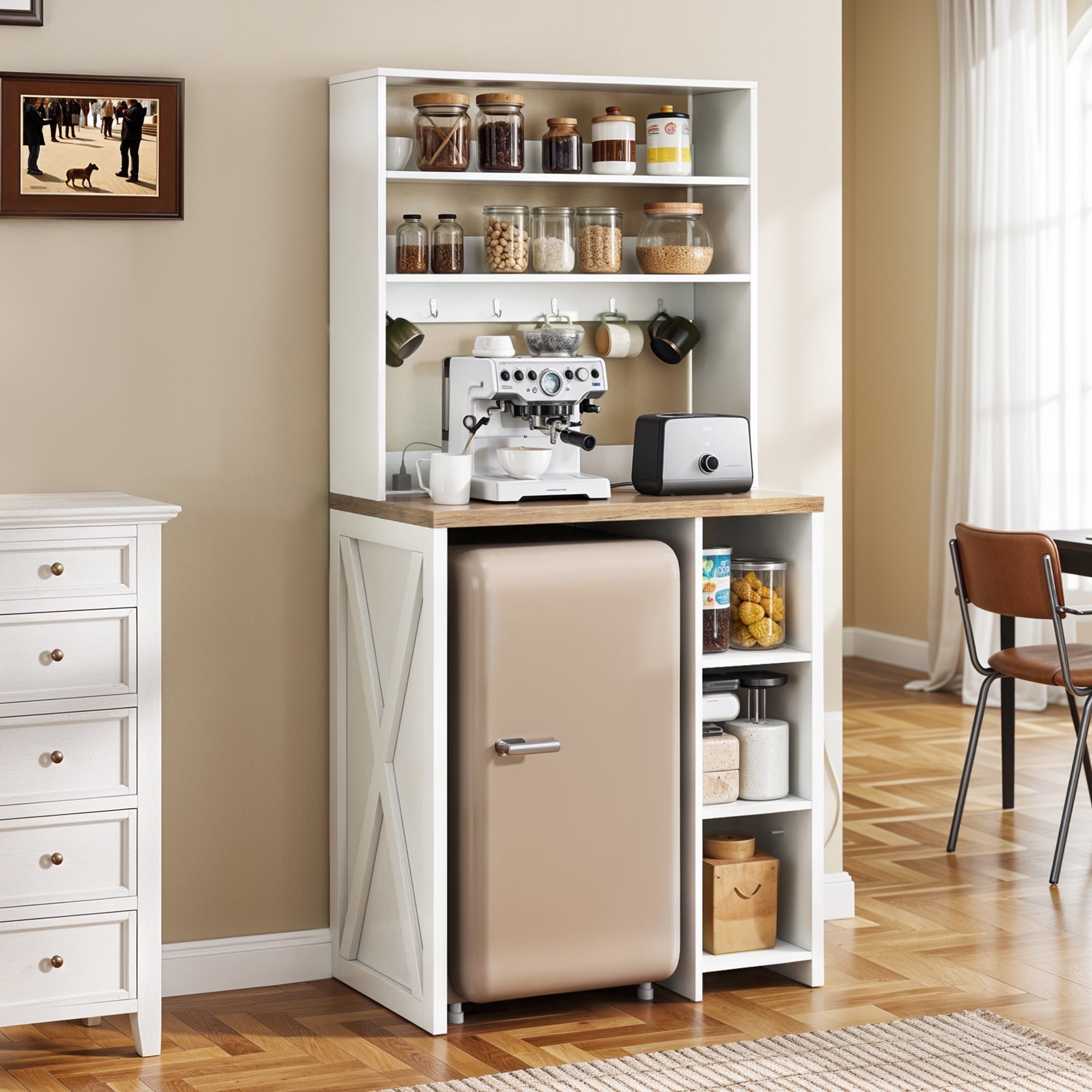 Uforic 6-Tier Kitchen Bakers Rack with Power Outlets & Hooks, Mini Fridge Microwave Stand, White