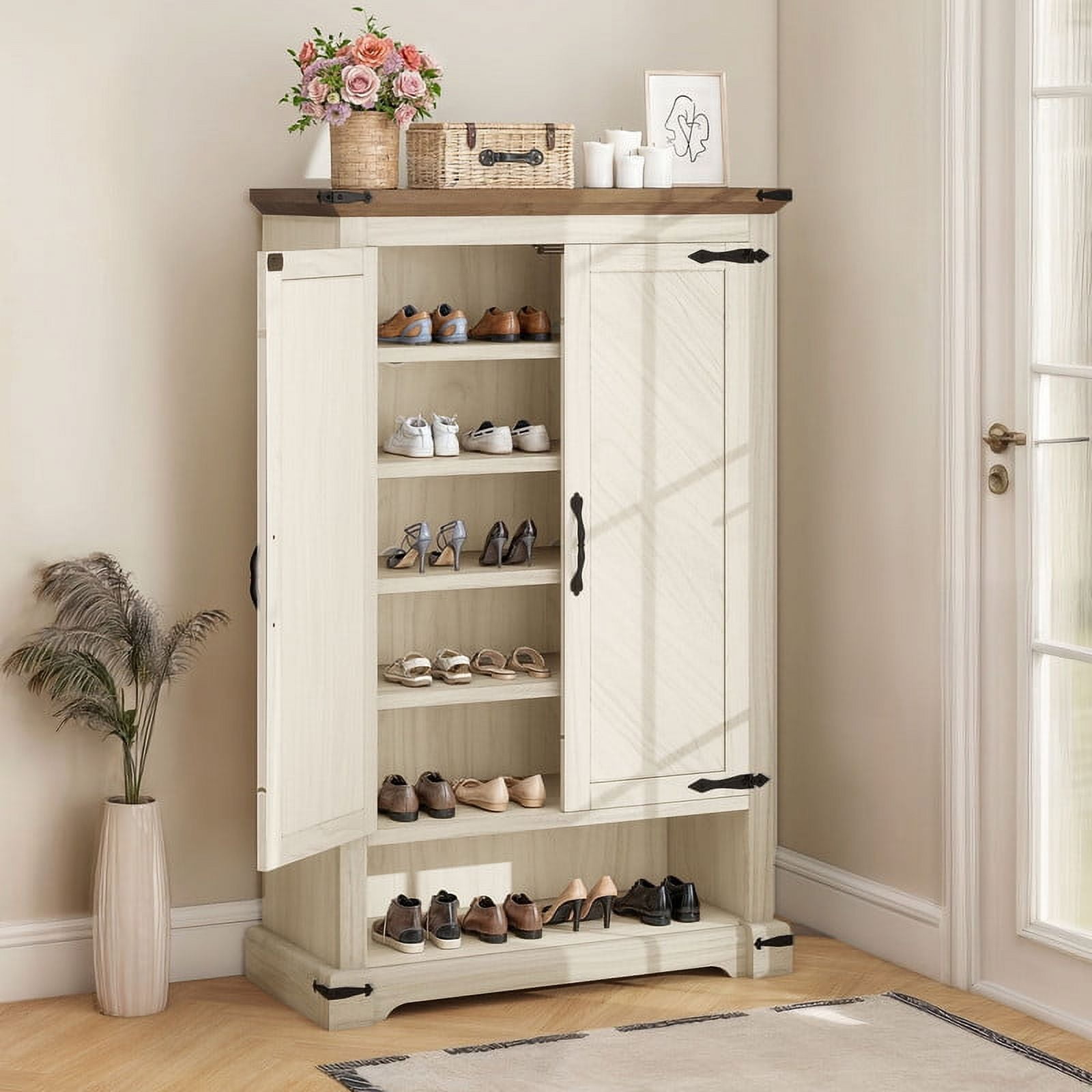 Uforic 6-Tier Shoe Cabinet with Doors, Farmhouse Shoe Storage Organizer Cabinet with Adjustable Shelves, Freestanding Shoe Storage Rack for Entryway/Hallway/Closet