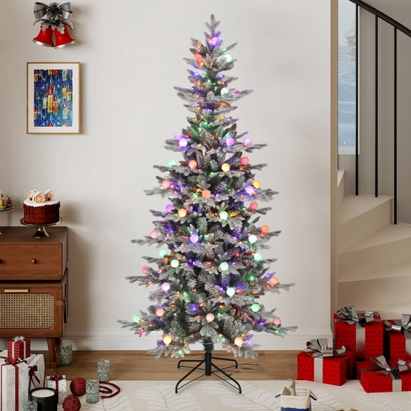 Uforic 6 ft Pre-lit Flocked Layered Christmas Tree with 1338 PE&PVC Tips & 270 Lights,11 Light Modes, White Flocked