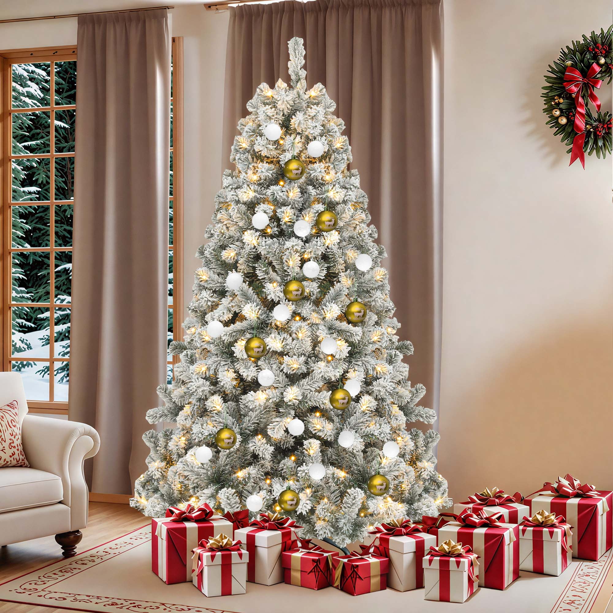 Uforic 6 ft Pre-lit Snow Flocked Artificial Christmas Tree with 1000 ...