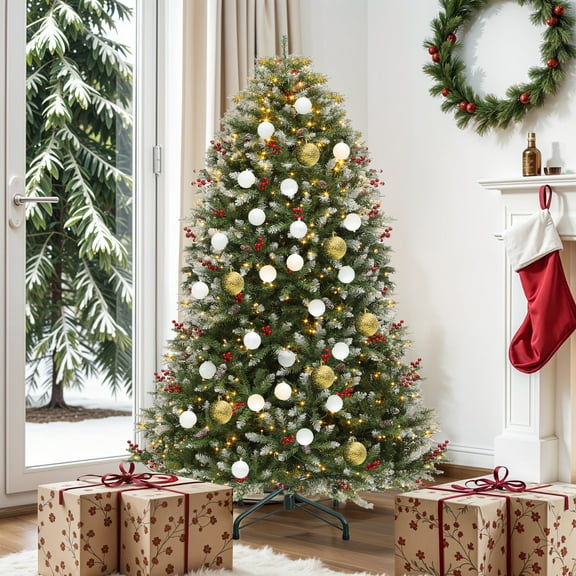 Uforic 6 ft Prelit Frosted Christmas Tree with 1838 Tips & 450 Warm-White Lights, Remote Control, Green Bell