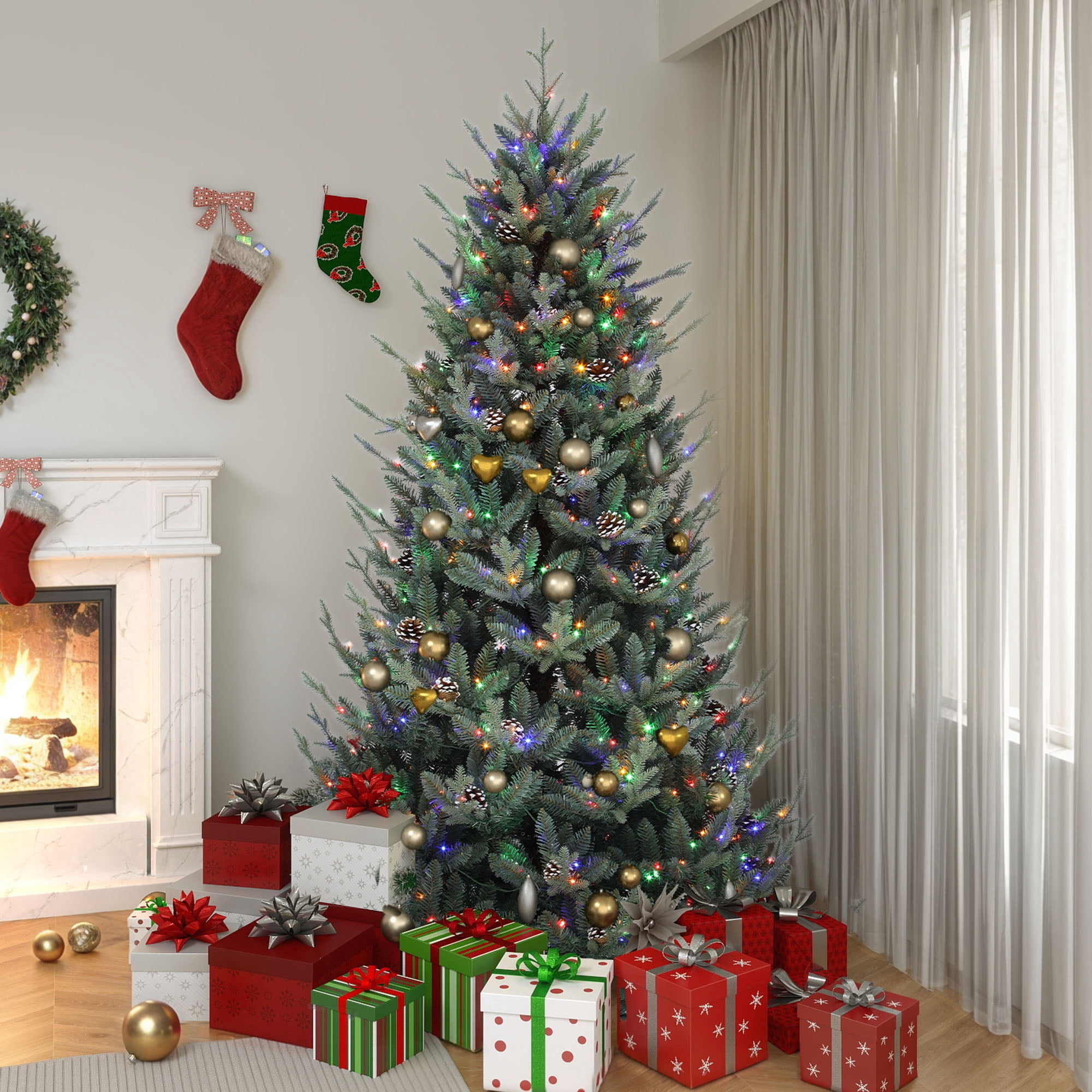 Uforic 6 ft Prelit Spruce Artificial Christmas Tree with 1176 PE&PVC Tips & 300 Lights,11 Light Modes