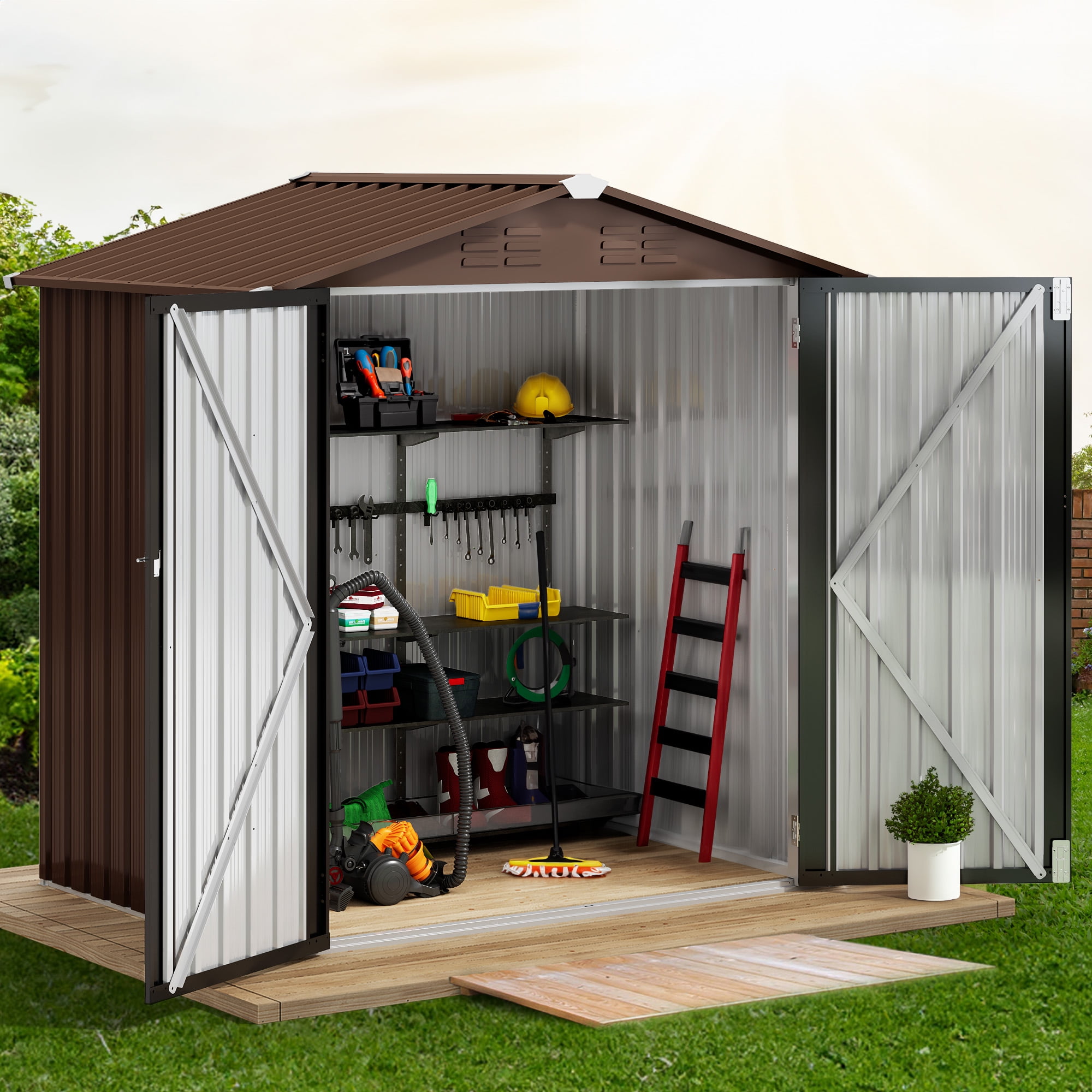 Uforic 6' x 4' Outdoor Metal Storage Shed, Large Tools Storage Shed, Heavy Duty Storage House with Lockable Double  Doors & Air Vent for Backyard, Patio, Lawn, Brown