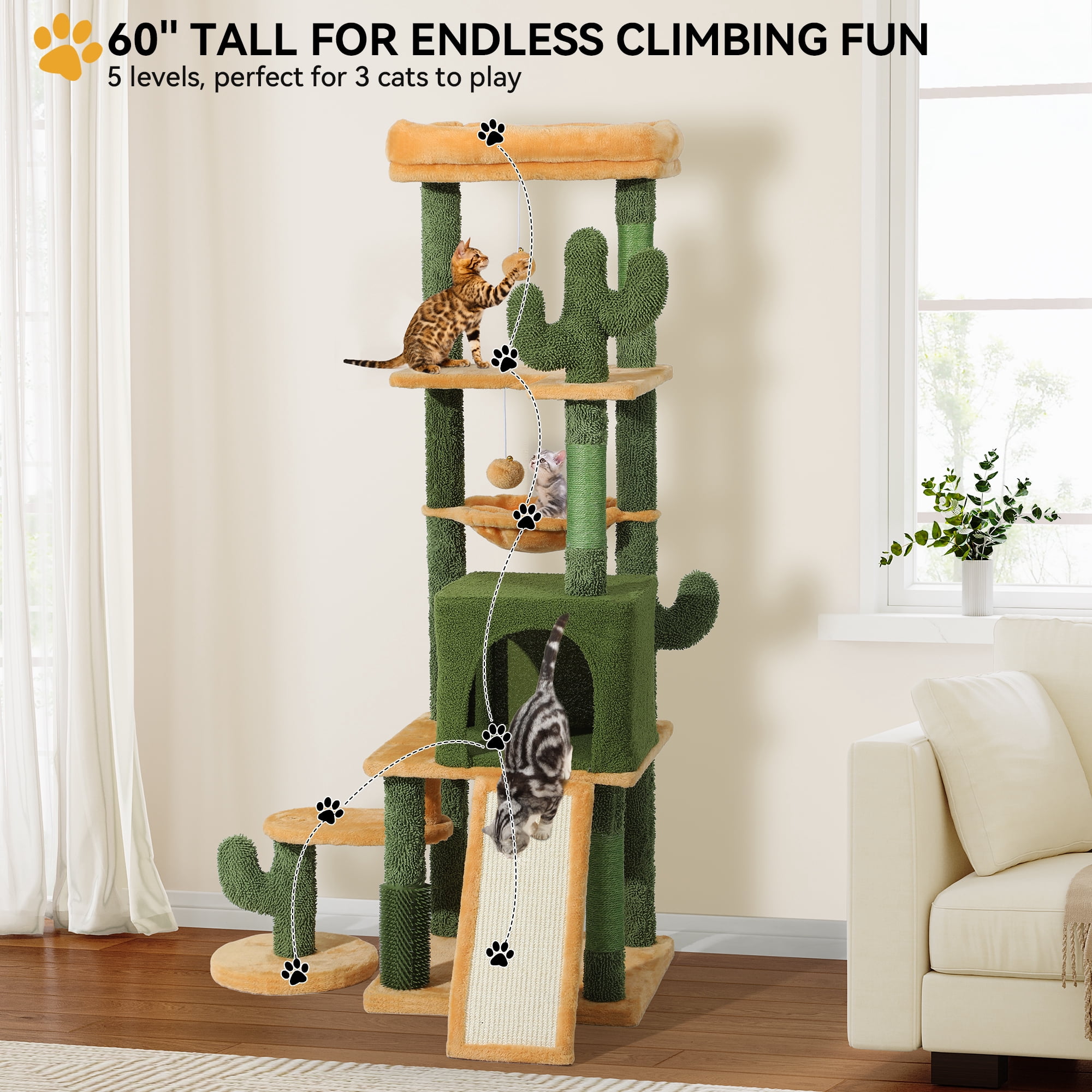 Uforic 60" Cactus Cat Tree Tower, Multi-Level Cat Tree House with Scratching Post, Ladder & Pompom Balls, Green&Yellow