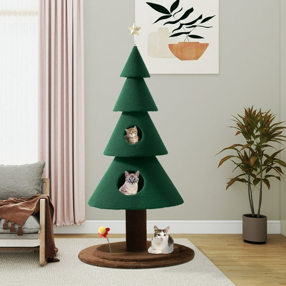 Uforic 60" Christmas Cat Tree,2-Tier Cat Condos, Large Cat Tower with the flower shaped cat teasing stick ,Green