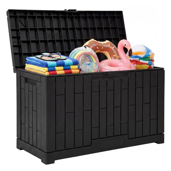 Uforic 60 Gallon Lockable Resin Outdoor Storage Box, Waterproof Deck Box with Handles, Weather Resistant Outdoor Storage for Patio Furniture, Garden Tools & Pool Accessories, Black