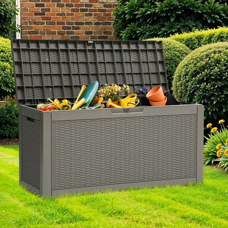 Uforic 60 Gallon Resin Deck Box,Outdoor Rattan Storage Box,Weatherproof, Lockable, Light Brown