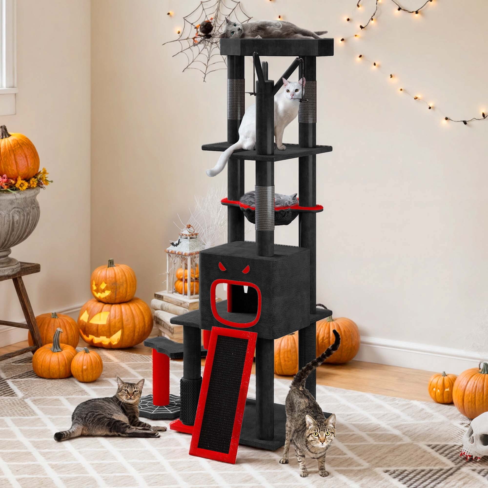 Uforic 60" Gothic Cat Tree Tower with Coffin Bed, Black Halloween Cat Tower with Top Perch, Condos, Basket & Scratcher