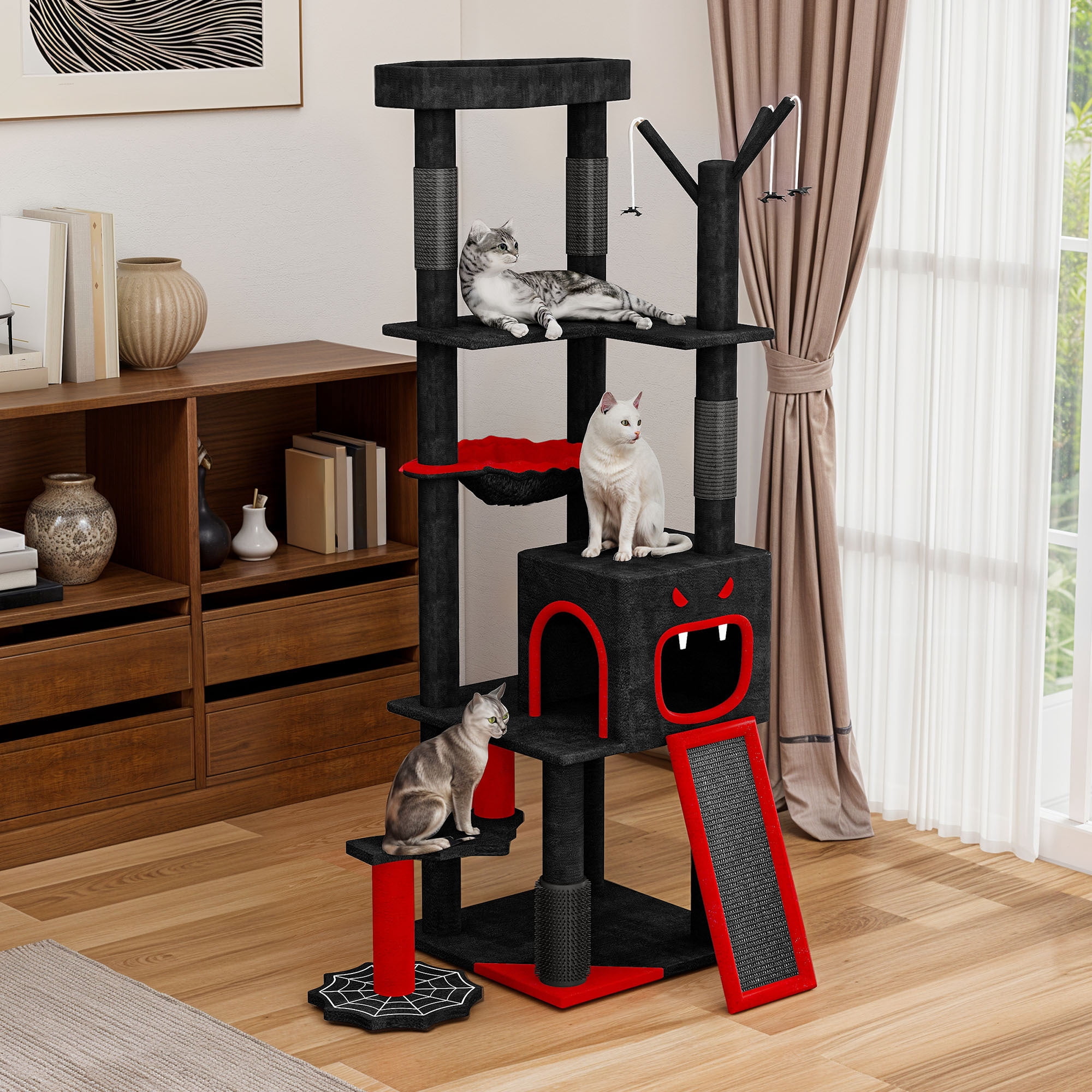 Uforic 60" Gothic Cat Tree Tower with Coffin Bed, Black Halloween Cat Tower with Top Perch, Condos, Basket & Scratcher