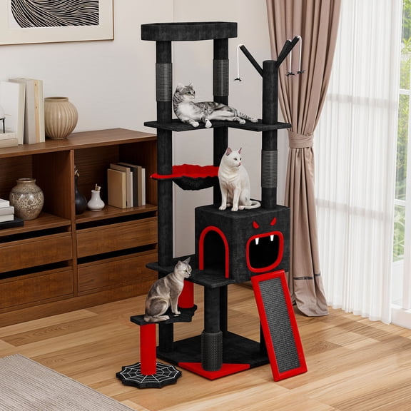 Uforic 60" Gothic Cat Tree Tower with Coffin Bed, Black Halloween Cat Tower with Top Perch, Condos, Basket & Scratcher