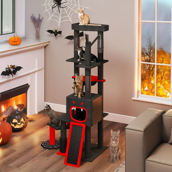 Uforic 60" Gothic Cat Tree Tower with Coffin Bed, Tall Cat Tower with Top Perch, Condos, Basket, Scratcher, Black Halloween