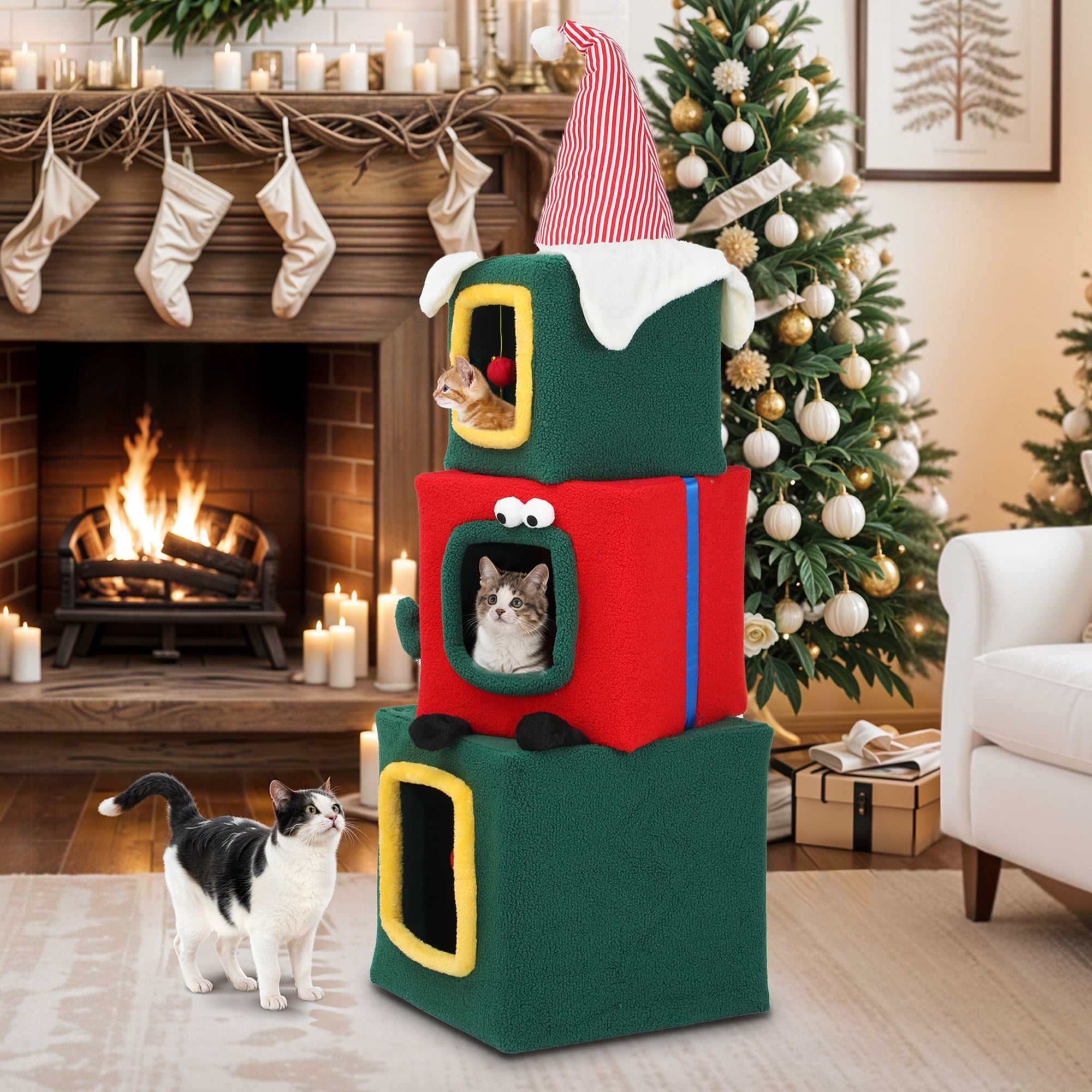 Uforic 60" H Large Christmas Cat Tree, Multi-Level Cat Tree,3 Story Playhouse with Hanging Ball,Green