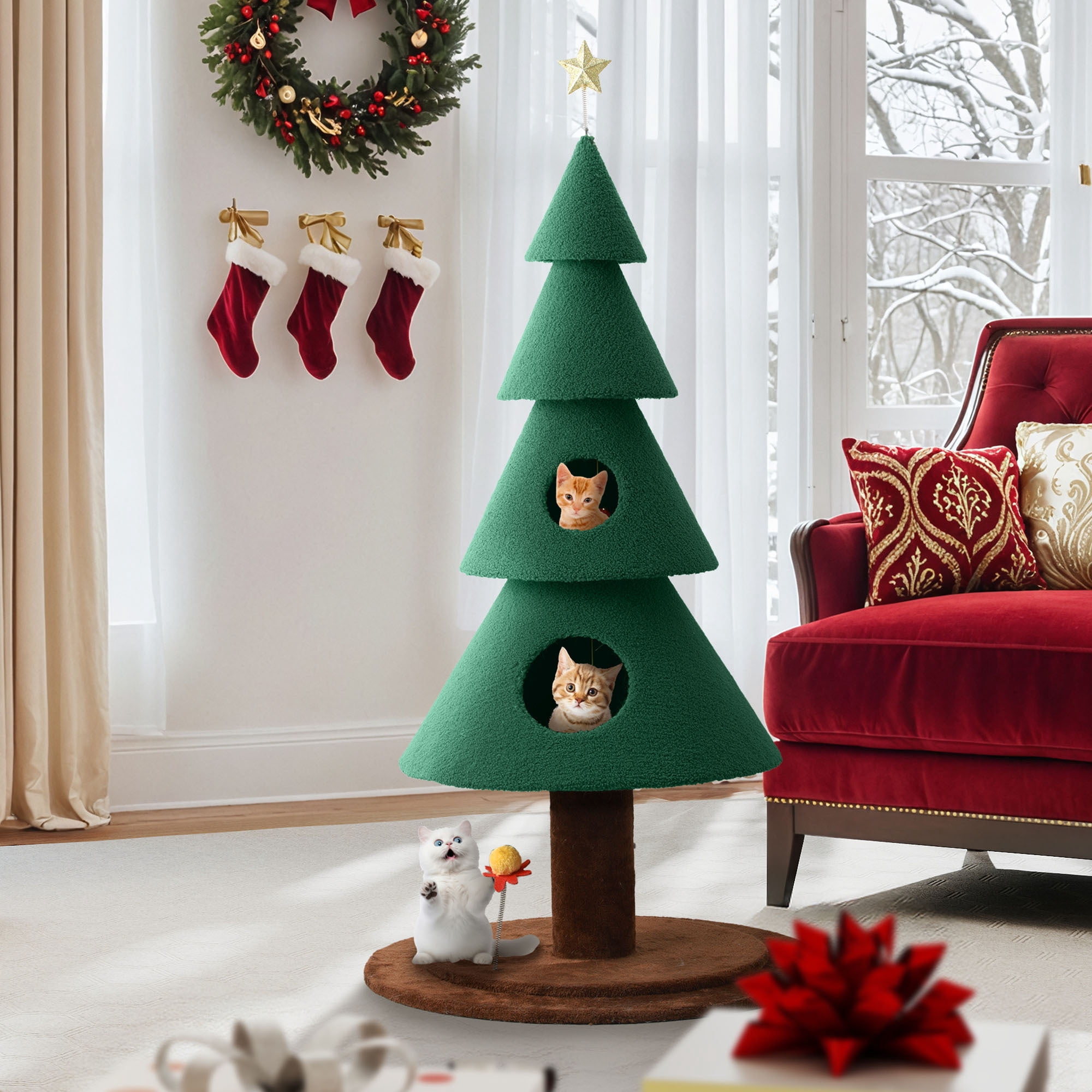 Uforic 60 Inch Christmas Themed Cat Tree, Multi-Level Festive Cat Tower with 2 Semi-Enclosed Cat Houses for Holiday Home Decor